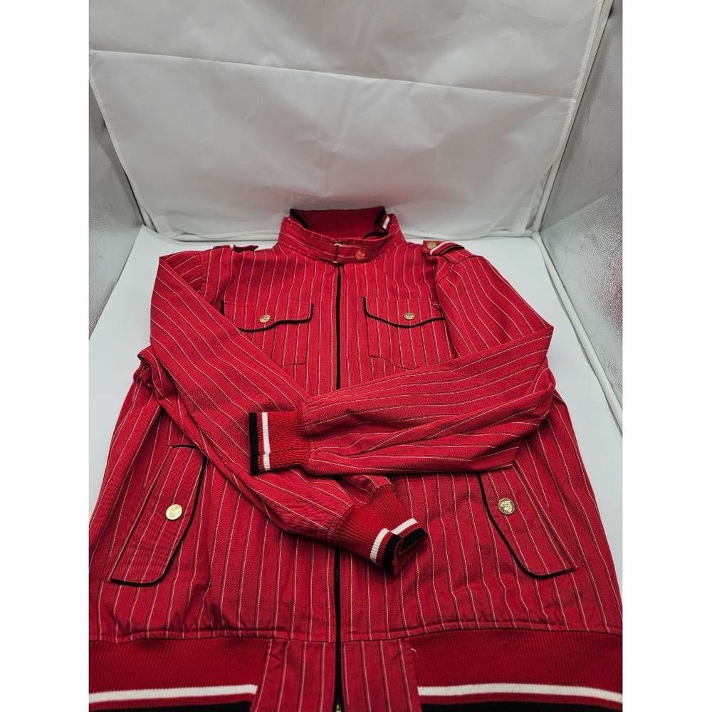 Basic Code Mens Cotton Jacket Coat Red  & White Pinstripe Size 2XL Full Zipper